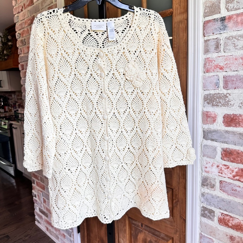 Liz Claiborne Cardigan Women Cream Crochet Floral Button Front Sweater 1X FLAW